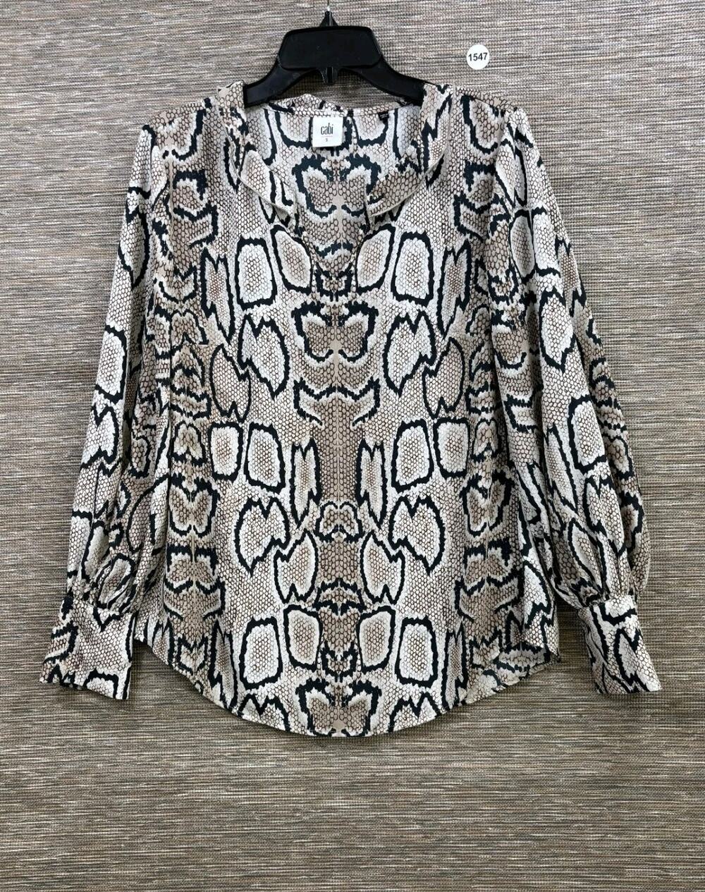 CAbi Top Serpentine Snake Print Womens Size S Tan Ruffle Collar Pullover Blouse
